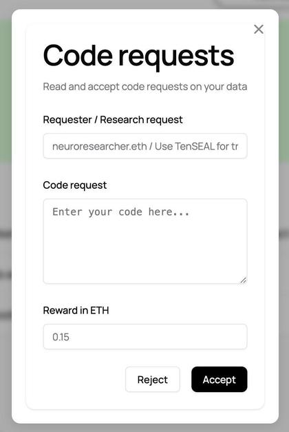 Code requests modal: a researcher requests to run code for a 0.15 ETH reward, with Reject and Accept buttons