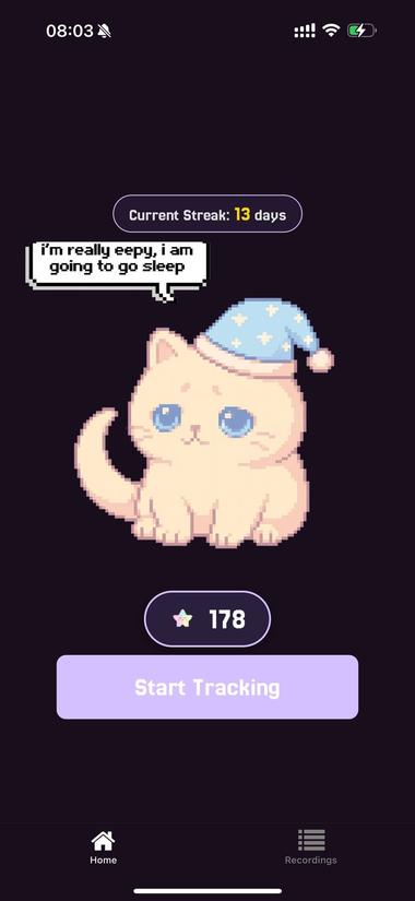 Eepy Cat home screen: pixel-art cat in a nightcap, 13-day streak, 178 tokens, Start Tracking button