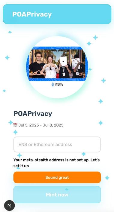 POAPrivacy mint page with the ETHGlobal Cannes POAP artwork, an ENS input and a Mint now button