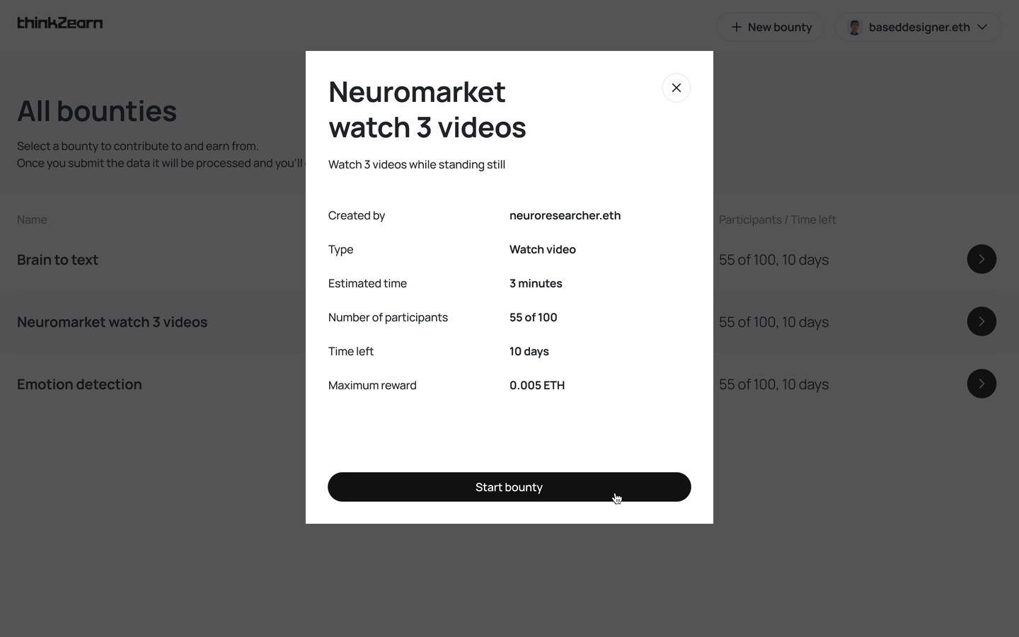 think2earn collection app: All bounties marketplace modal