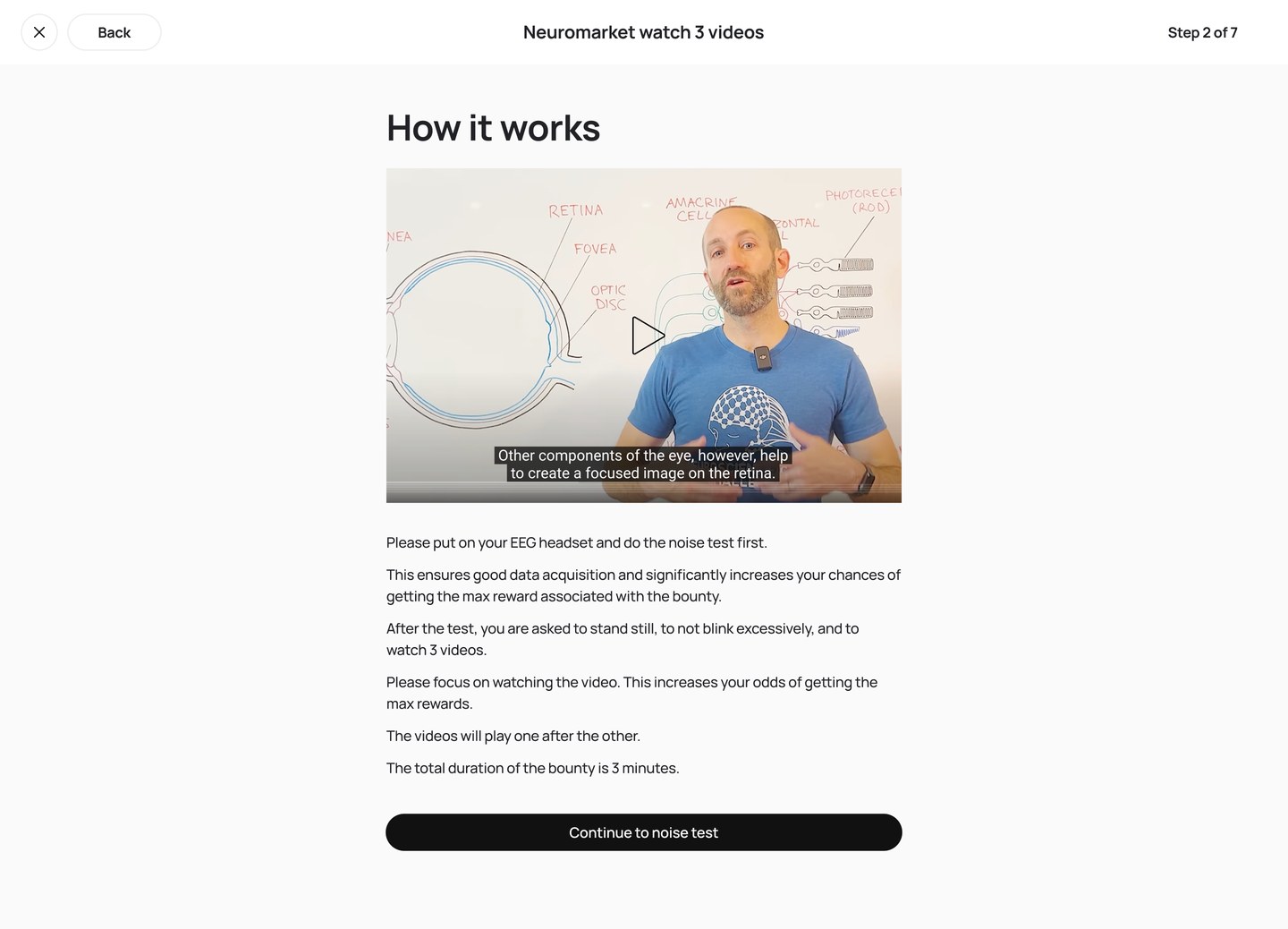 think2earn collection UI: Step 2 of 7 showing video task and EEG noise test calibration