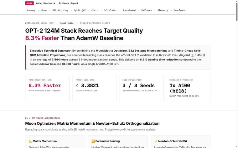 NoCap report header: 8.3% faster than the AdamW baseline, summary and four metric cards